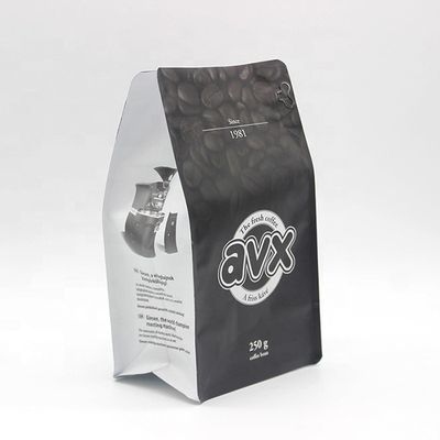Sacs de café noirs en papier d'aluminium personnalisé à fond plat sac à sacs pour emballage de café Fermeture à glissière